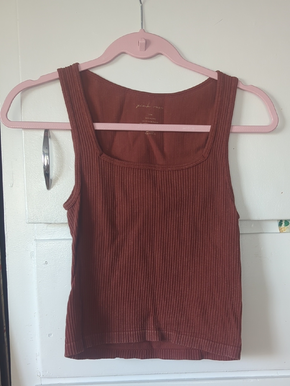 Pink Rose Ribbed Square-Neck Tank Top - Rust Brown